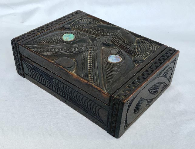 vintage New Zealand carved wooden Maori box